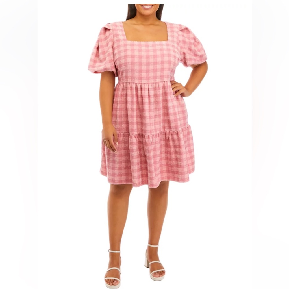 English Factory Plus Size Puff Sleeve Checkered Print Babydoll Dress